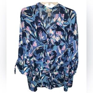 Catherines Blue & Pink Abstract Floral Print Blouse Size 3X